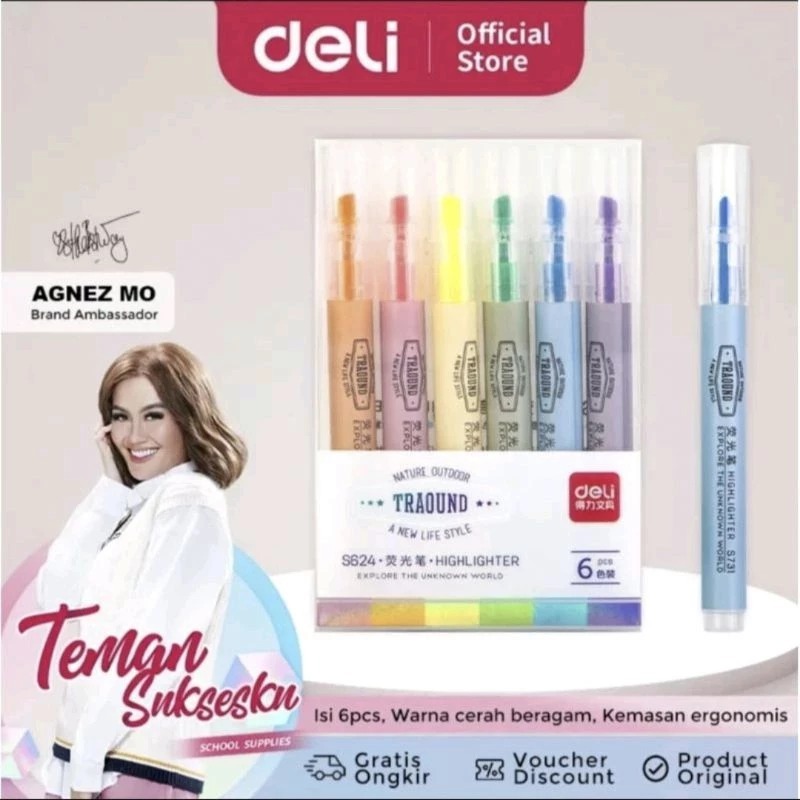 

YENYEN_ATK (Harga 1pcs)Deli Highlighter Pen Pena Isi 6 Pcs 1set-S624