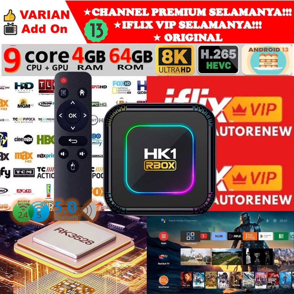 STB Android 13 Smart TV Box Android HK1 RBOX K8 Ram 4GB Rom 64GB 4/64 Unlock Full Channel TV Iflix