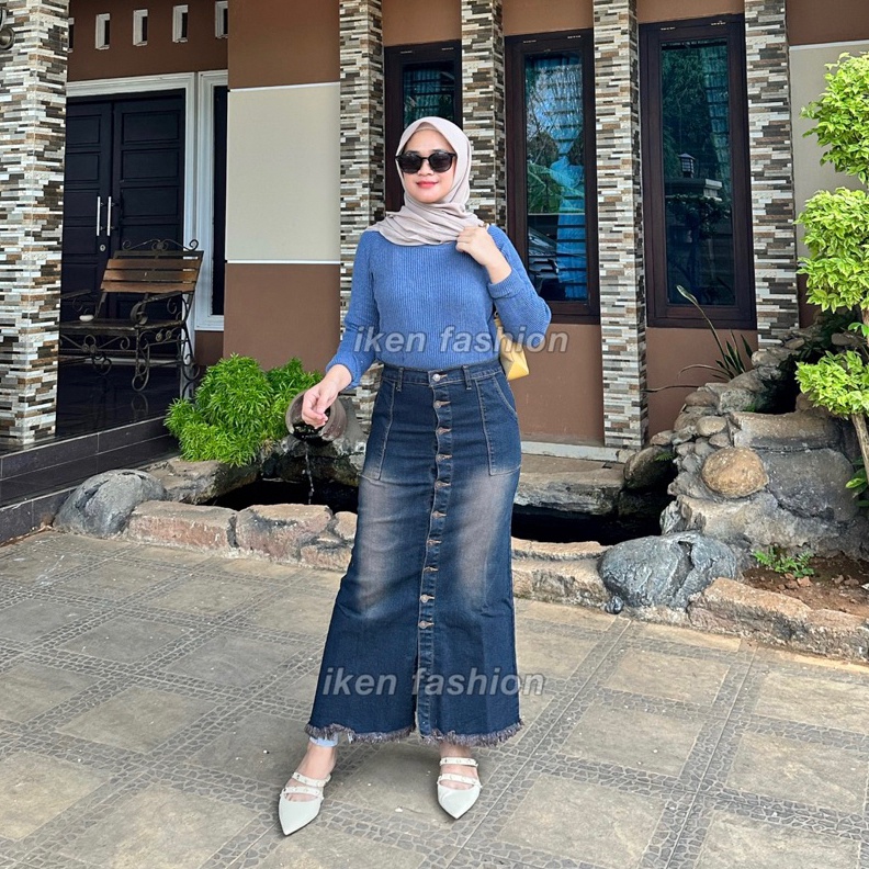 Rok Jeans Panjang Aplikasi Kancing  Rok jeans Gisca  Rok Jeans Panjang wanita