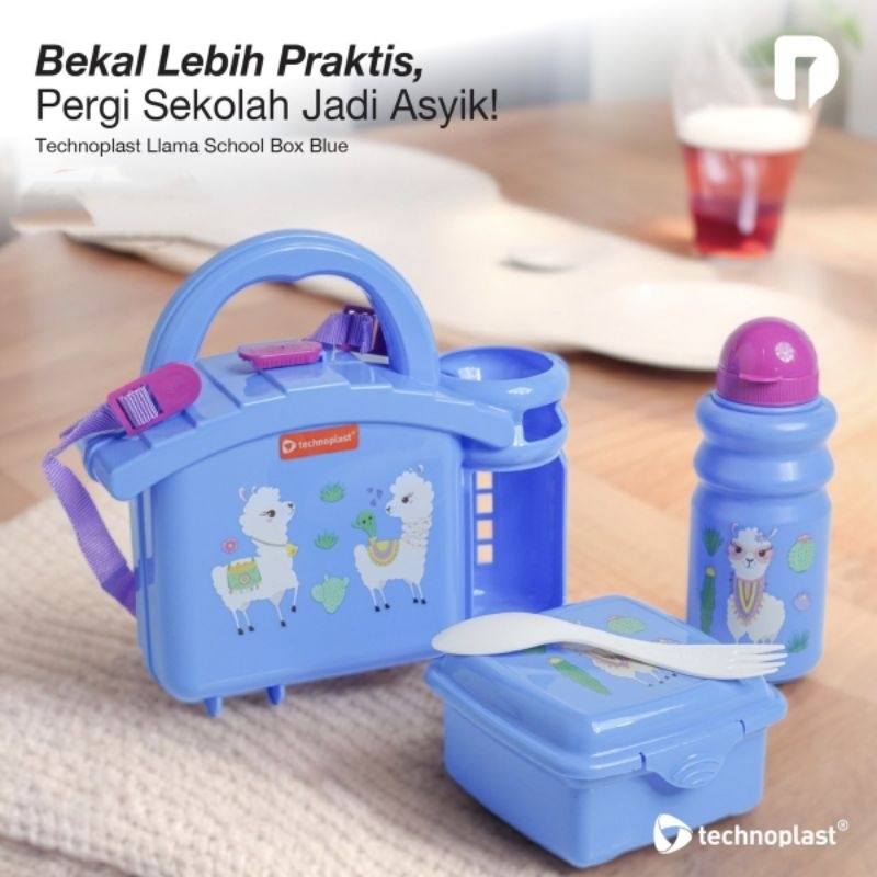 kotak bekal set Technoplast Llama School Box Blue
