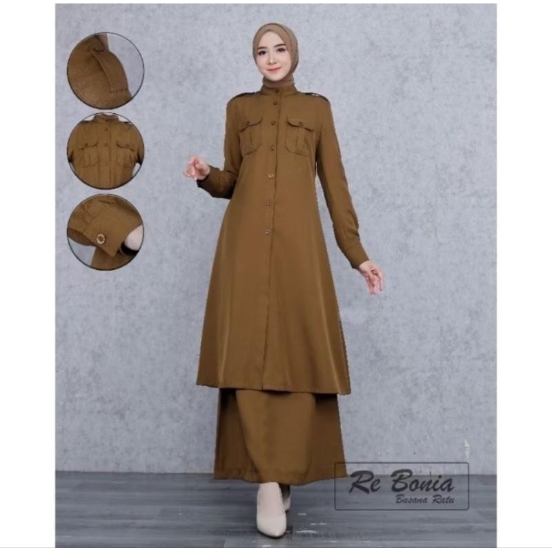 Setelan Seragam Khaki Pemda Gelap Pns Wanita Tunik Panjang Set Rok A