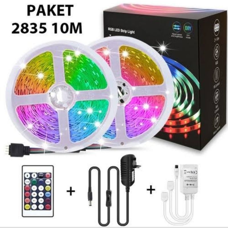 PAKET LAMPU LED STRIP RGB 2835 5050 3528 WARNA WARNI 5M 10 METER IP44 WATERPROF KOMPLIT 1 SETT ADAPT