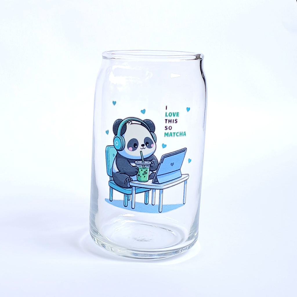 Flossola - Gelas Kaca Matcha Panda / Gelas Minum Lucu Motif Panda / Cup Gelas Aesthetic / Gelas Minu