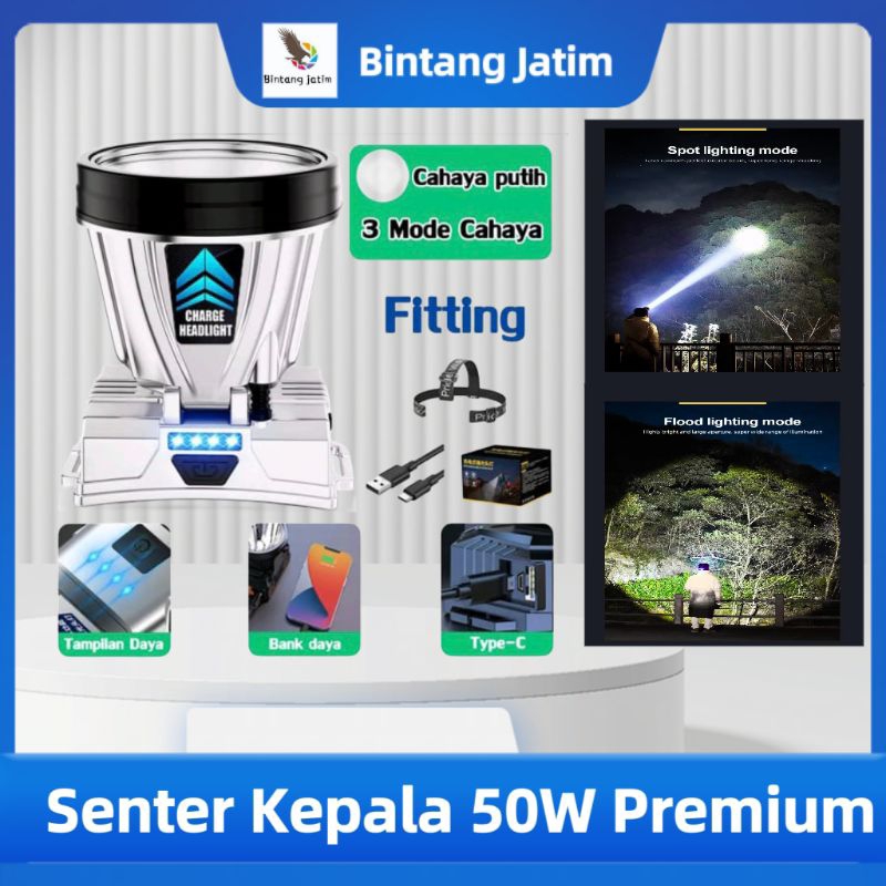 Senter Kepala Super Terang 50W FULL / Senter Kepala Litium 18650 2Pcs Awet
