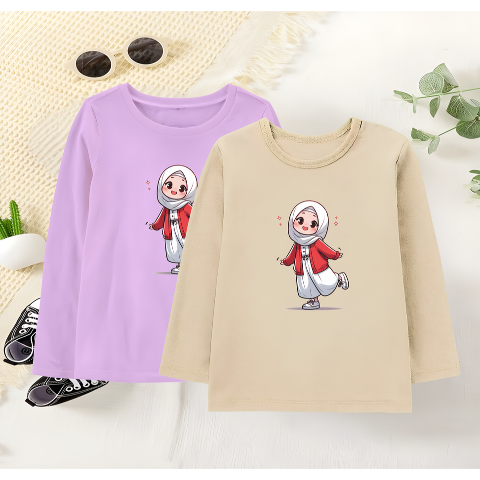 Baju Kaos Anak Perempuan Lengan Panjang Usia 1-12 Tahun Kaos Anak Perempuan Motif Hijab Merah Putih 