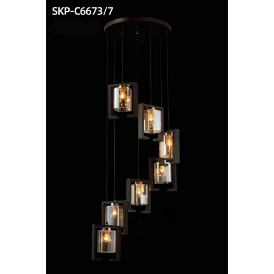 SL6673-7R LAMPU GANTUNG HIAS VOID TANGGA KLASIK ANTIK KAYU KACA