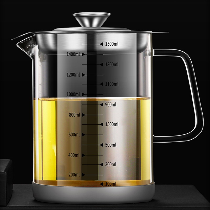 HJK 1800ml Oil Pot Tempat Saringan Minyak Kaca Borosilikat Tahan Wadah Saringan Minyak Botol Kaca