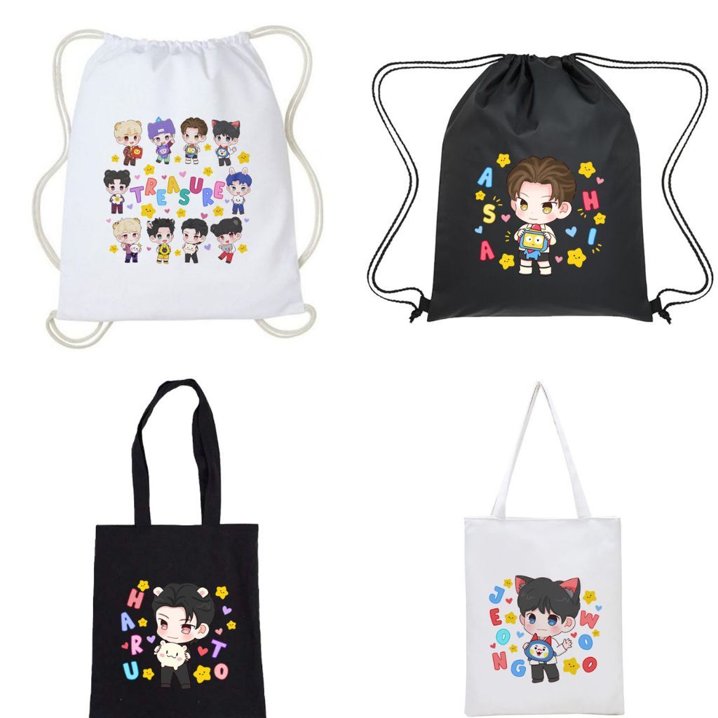 Totebag Tas Serut Treasure Truz Chibi Fanart Lucu Kpop Korea Kanvas Wanita Aesthetic Cewek