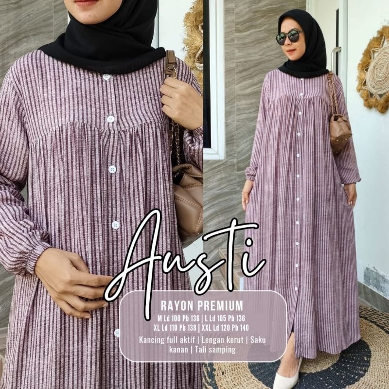 Gamis Rayon Salur Austi Full Kancing / Gamis Rayon Salur Motif Bunga  Bahan Rayon Prenium Midel Moti