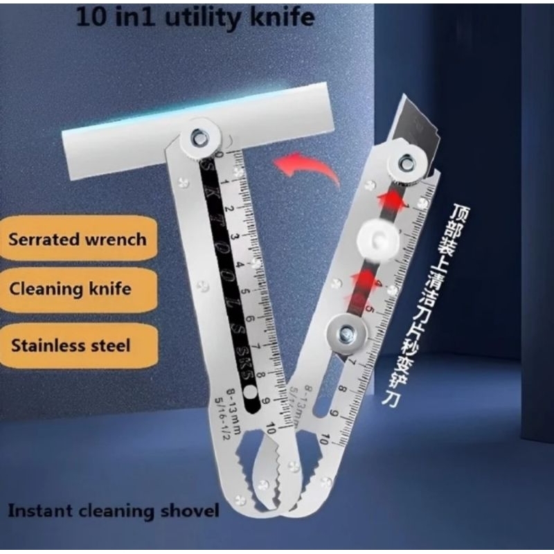 

Pisau Cutter Scrapper 10 in 1 Stainless Besi Besar Multifungsi Pengkikis Tembok Pembuka Botol Mur Baut Serbaguna 18 cm 11 cm