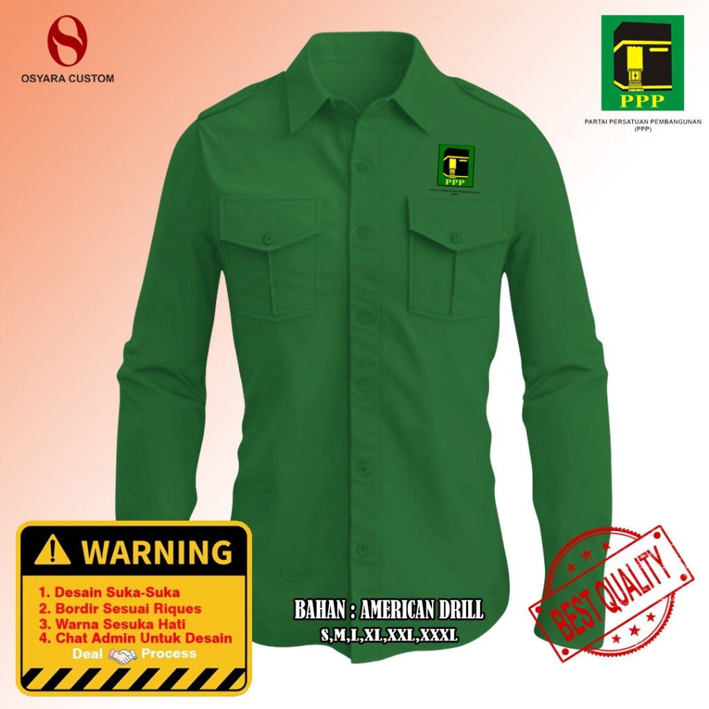 Kemeja Partai PPP Bordir Tangan Panjang / Kemeja PDL Partai PPP Custom Bordir / Baju Kemeja Kerja Pa