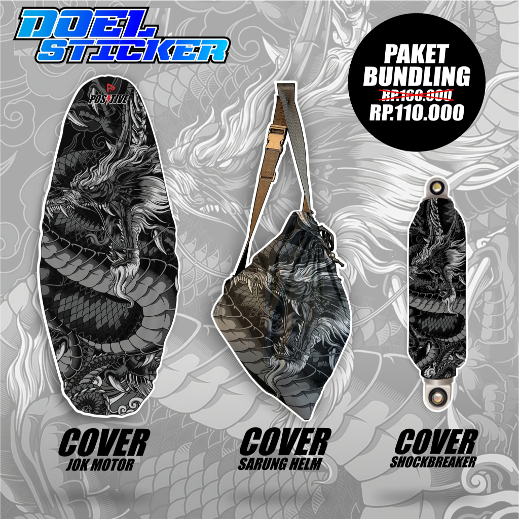 Paket Bundle Sarung Cover Jok Motor, Tas Helm, Cover Shockbeaker Motif Dragon Full Printing Doel