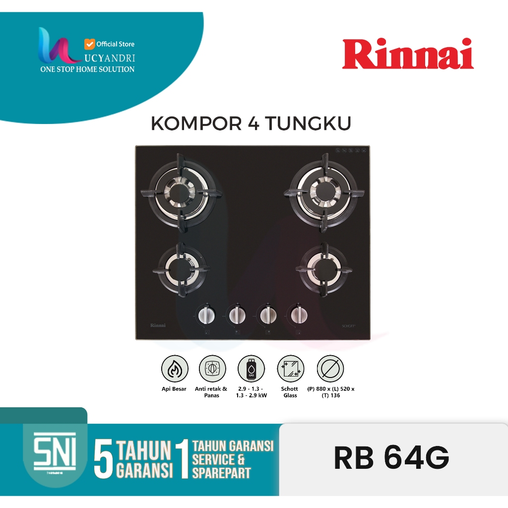RINNAI RB-64G Kompor Gas Tanam 4 Tungku (Garansi Resmi) RB 64 G ORI