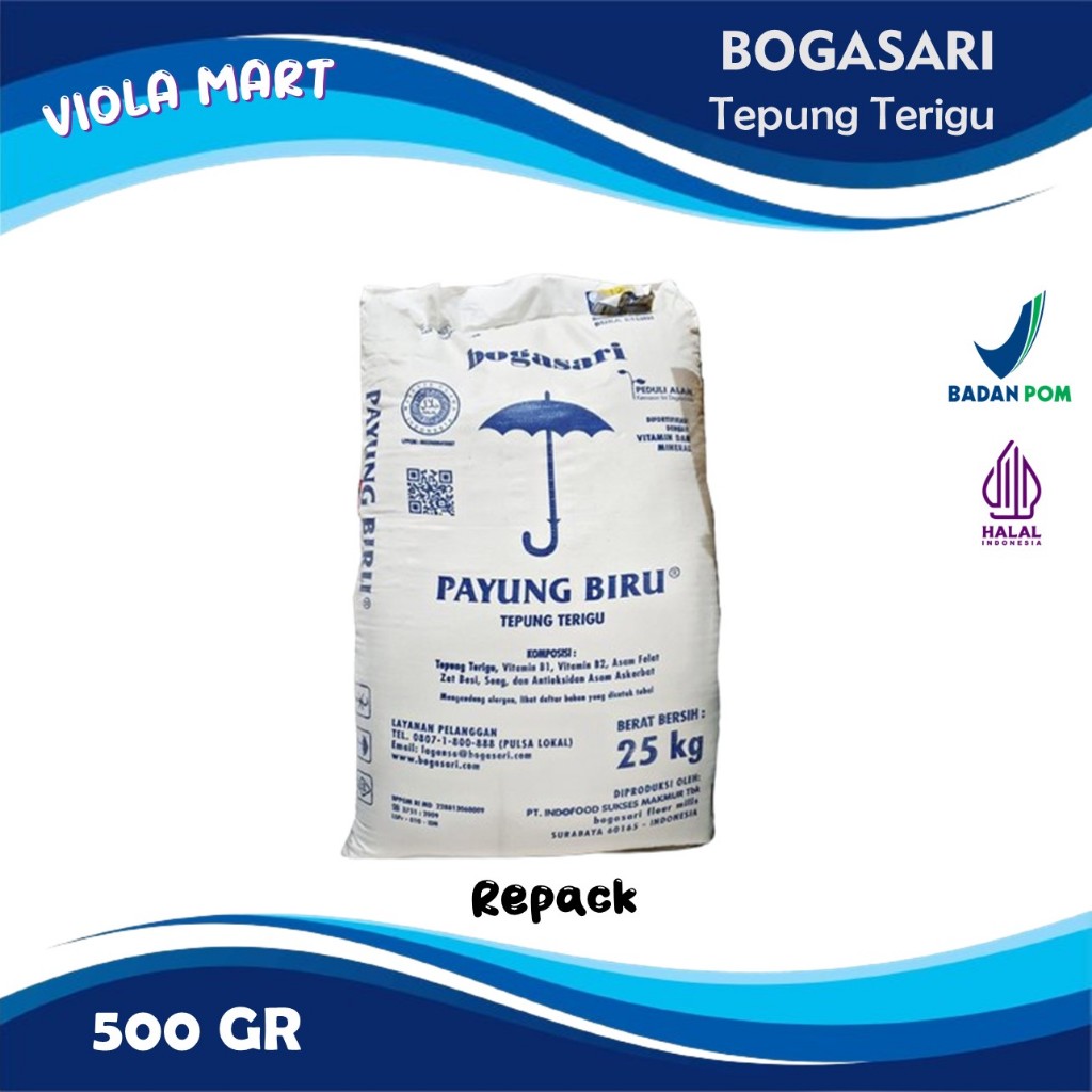 

Tepung Terigu Payung Biru BOGASARI 500gr / Tepung Terigu Protein Rendah {Tersedia Harga Grosir}