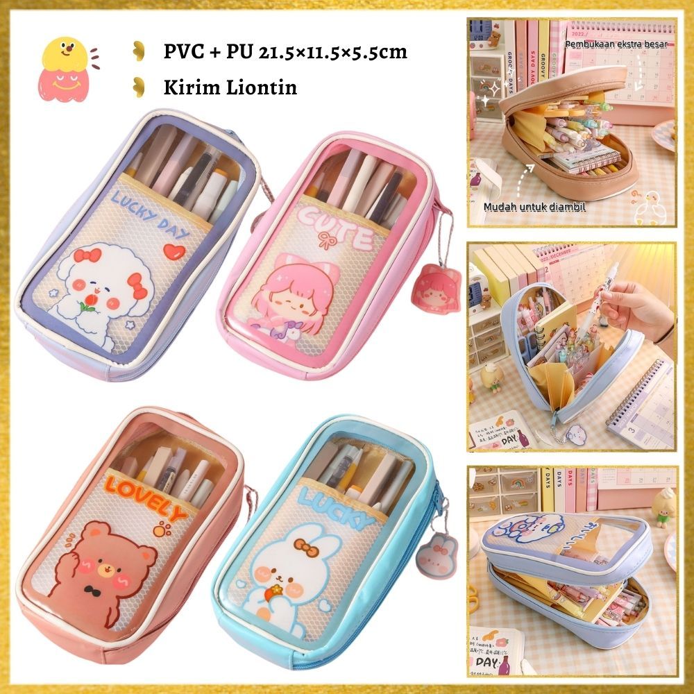

<Ready>Tas Pensil/Tas Penyimpanan Multifungsi Lucu/Tempat Pensil Pola Kartun Transparan/Kapasitas Besar Tahan Air/Kotak Pensil Transparan PVC