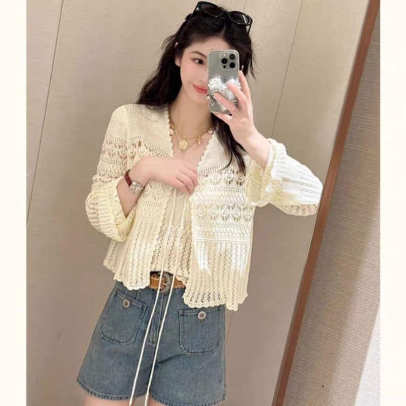 J4072 Pakaian Atasan set kardigan Cardigan tengtop tanktop lekbong gaya cewek Korea cantik manis mod