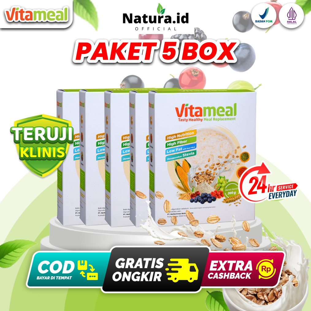 

Paket 5 Box Vitameal Sereal Oat Pengganti Nasi Atasi Gula Darah Diabetes Kolestrol Secara Alami Asli