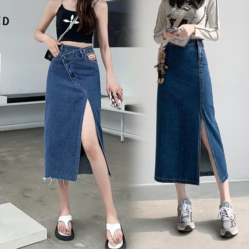 【wanita.id】rok denim panjang rok jeans 7/8 rok high waist rok belah samping rok korean style rok spa
