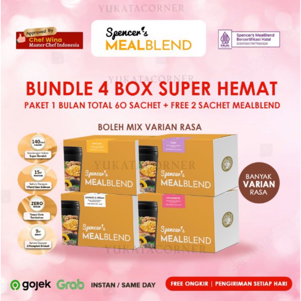 

Spencers MealBlend 0,5gram sugar, 9 gram serat PROMO PAKET 4 box + free 2 sachet ( 1 box isi 15sachet ) Boleh MIX VARIAN