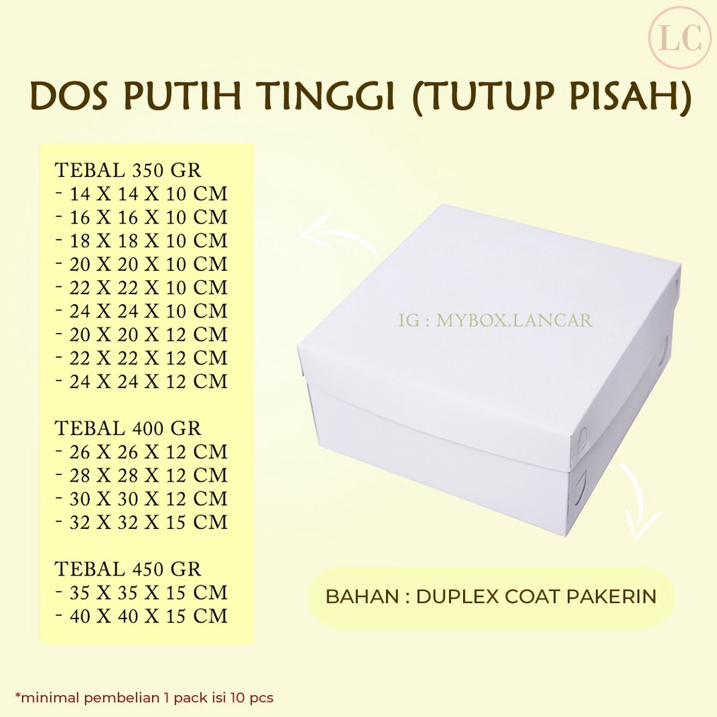 

1 LEMBAR BOX TART PUTIH 22 X 22 X 1 CM DUS TART PUTIH TUTUP PISAH KEMASAN TAR KUE