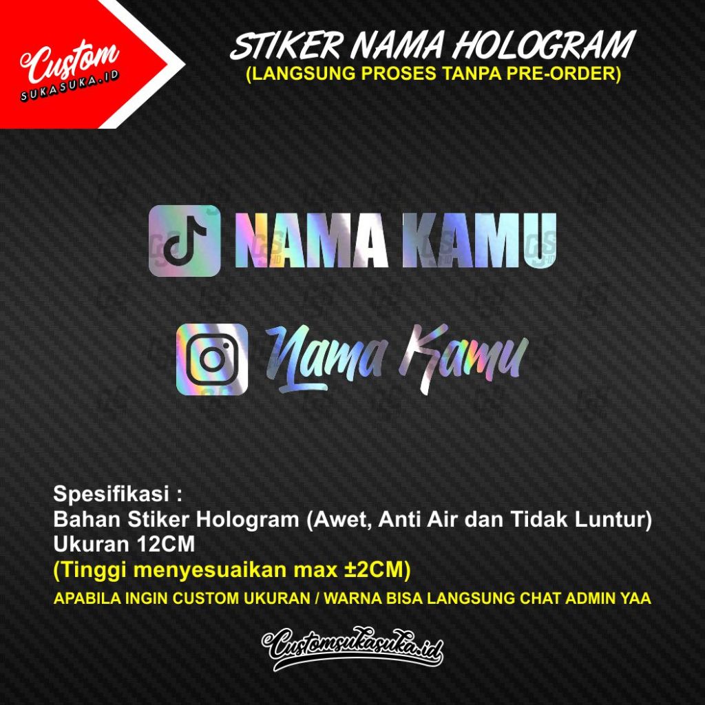 [Bisa Pakai Nama Sendiri] Stiker Nama Hologram Logo Social Media - Custom Tulisan Hologram - Cutting