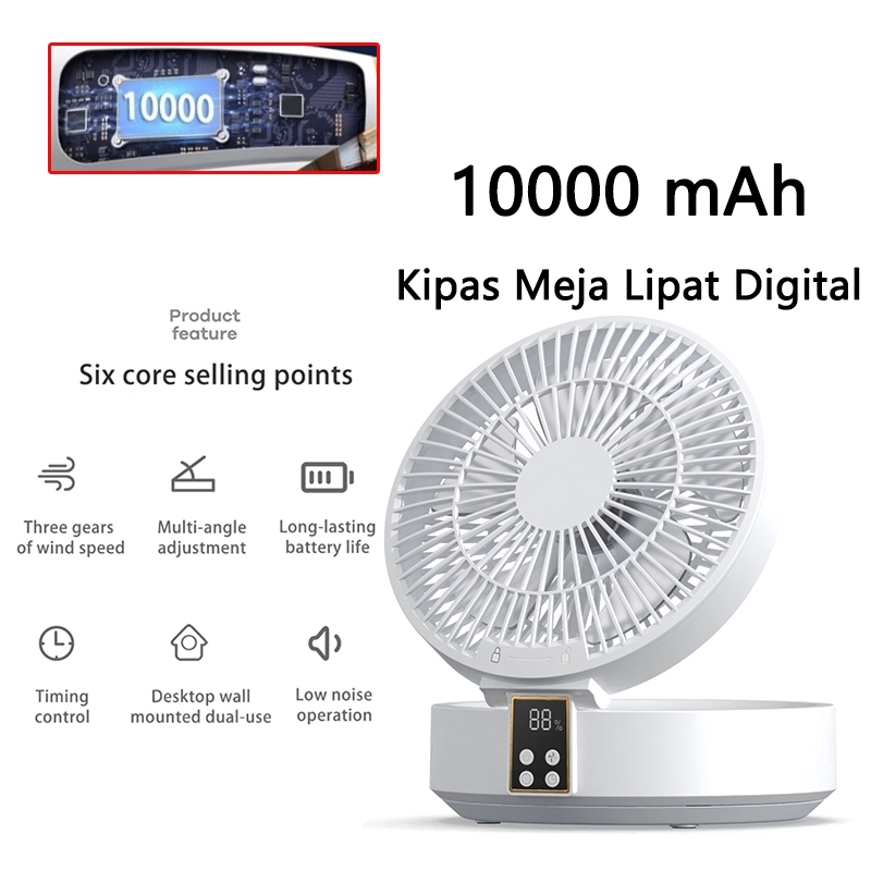 10000 mAh Kipas Angin Fan Portable USB Kipas Meja LED Display Kipas Portable Baterai tahan lama bate