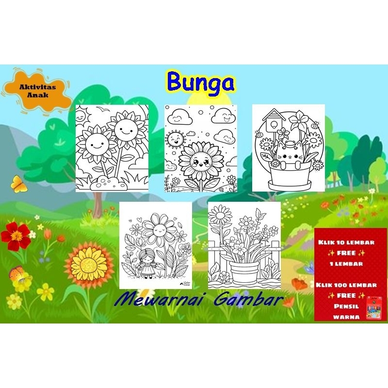 

KERTAS MEWARNAI COLORING ANAK BUNGA FLOWERS / BUKU MEWARNAI /AKTIVITAS ANAK