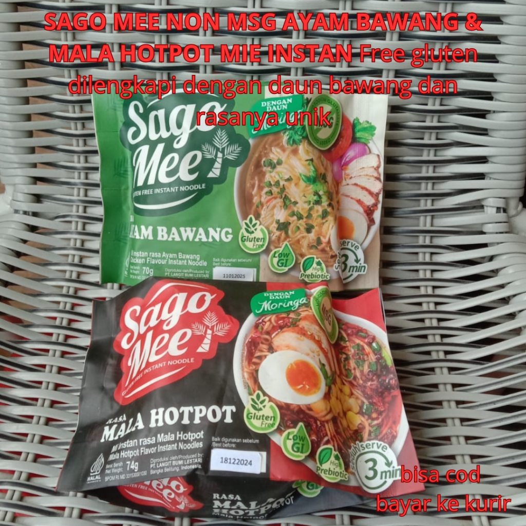 

SAGO MEE NON MSG AYAM BAWANG & MALA HOTPOT MIE INSTAN Free gluten dilengkapi dengan daun kelor dan rasanya unik