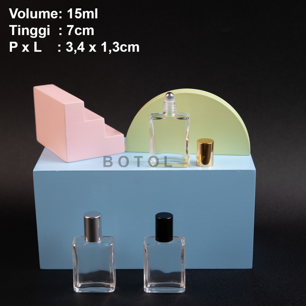Botol Roll On 15ml Kaca Kotak TEBAL Pipih Gepeng - Bola Besi Parfum Oil
