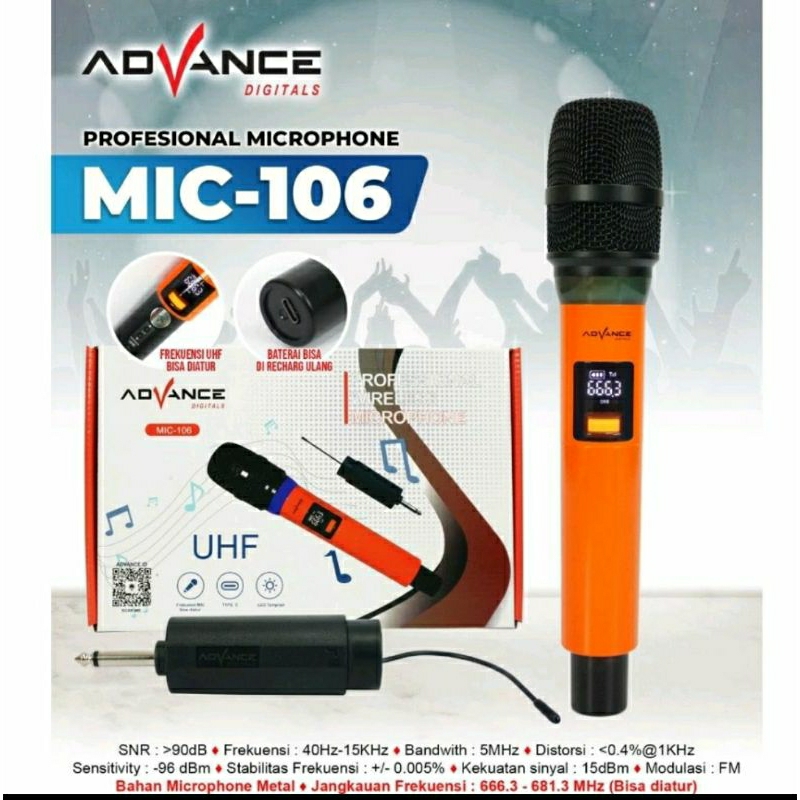Mic Wireless Single Advance MIC 106 UHF / Mic Profesional Wireless Mic Single Wireless Microphone Di