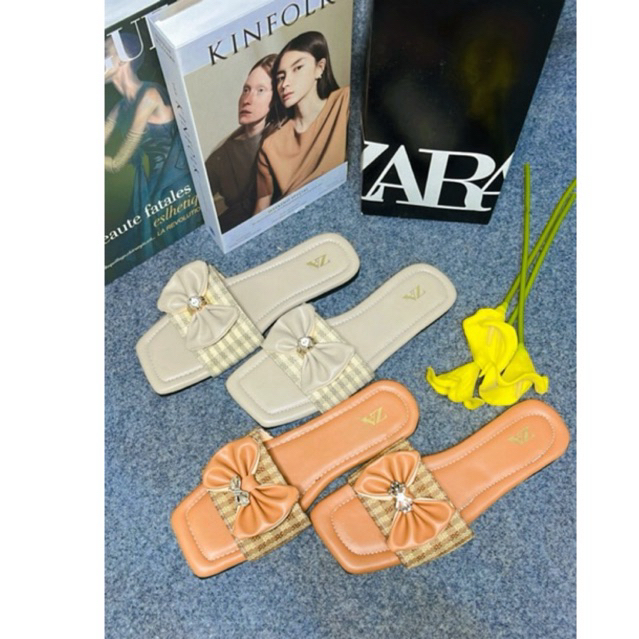 Sandal Selop Zara Flat Pita Kecil Cantik Trendy Sandal Wanita Kekinian Kode SM14