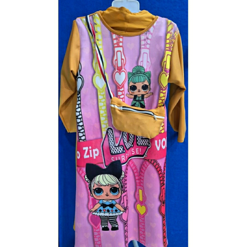 [SALE + FREE TAS] MUSLIM ANAK CEWEK GAMBAR L.O.L WARNA KUNING MUSTARD | MUSLIM ANAK PEREMPUAN GAMBAR