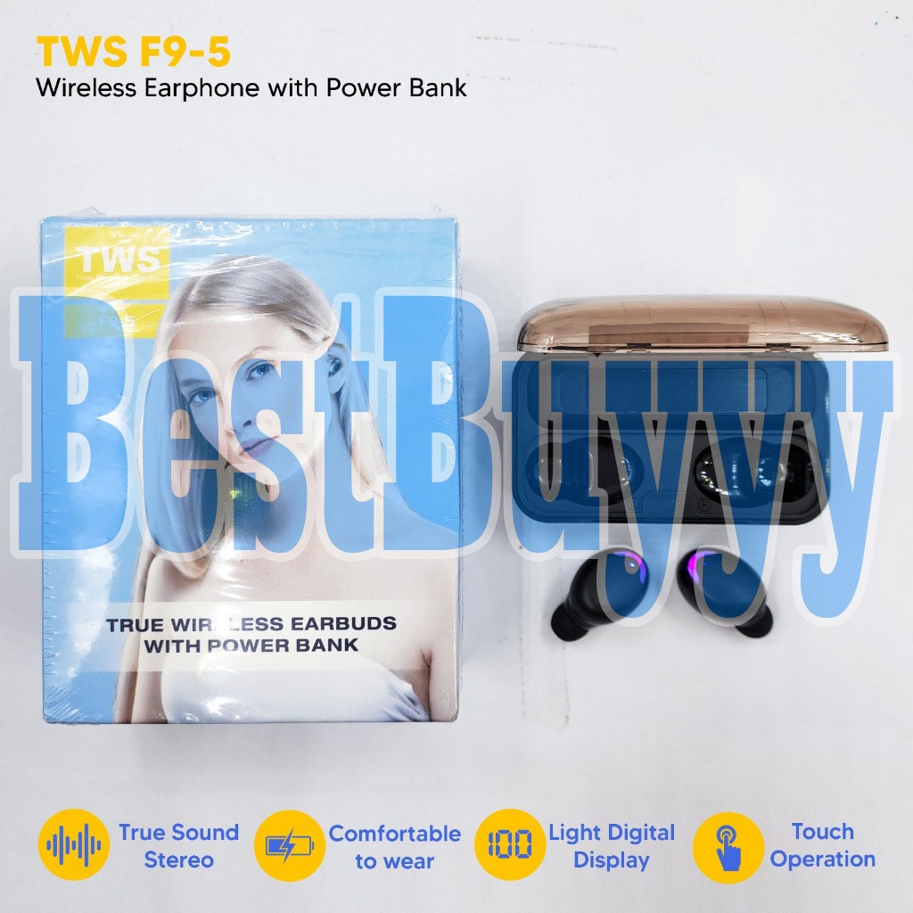 BestBuyyy HEADSET BLUETOOTHTWS F9-5 + POWERBANK - HANDSFREE TWS F9-5 WIRELESS EARPHONE FULL BASS 200