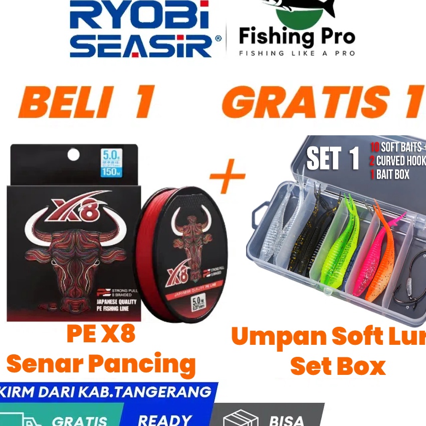 KP8 Beli 1 Gratis 1 RYOBISEASIR Redbull PE X8 Senar Pancing 15 Meter Gratis BonusUmpan Soft Lure 1 S