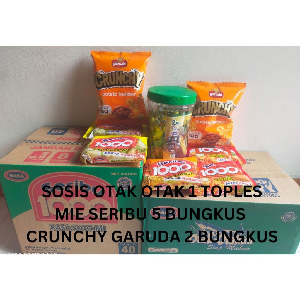 

Paket 8 bungkus : 5 pcs Mie Gaga Seribu mix , 1 Toples Sosis Otak Otak dan 2 pcs Crunchy Garuda