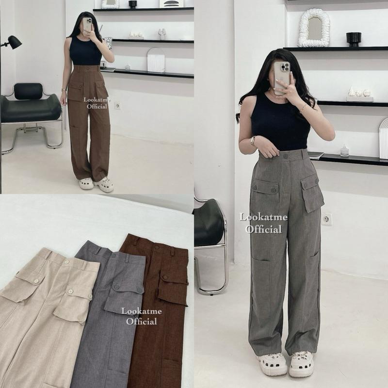 DELUNA - Harley Cargo Pants - Celana Kulot Kargo Wanita Bahan Polyester Panjang Loose