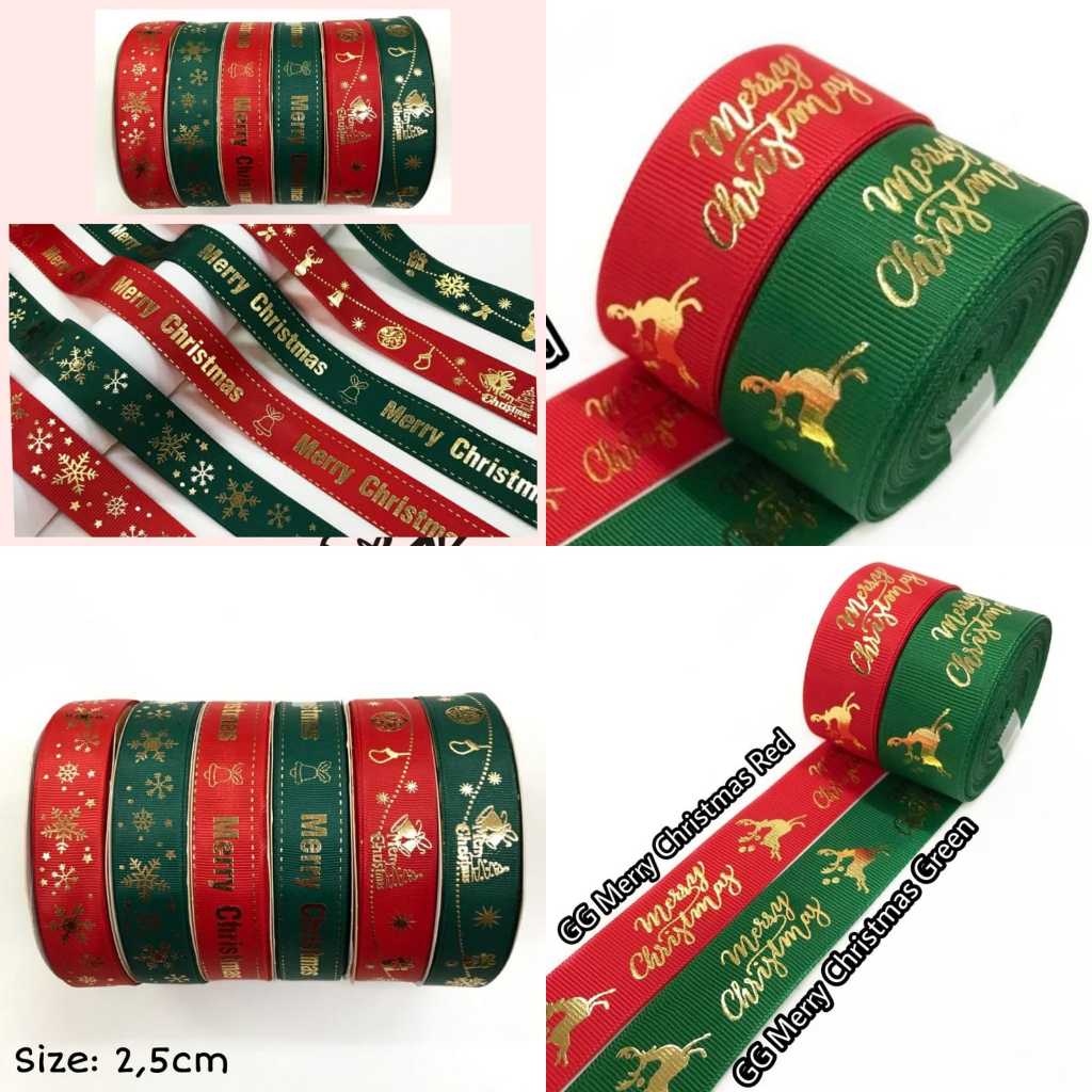 

1 YARD - GROSIR PITA NATAL KADO HAMPERS |MERRY CHRISTMAS MOTIF SNOWFLAKES LONCENG 2.5 CM