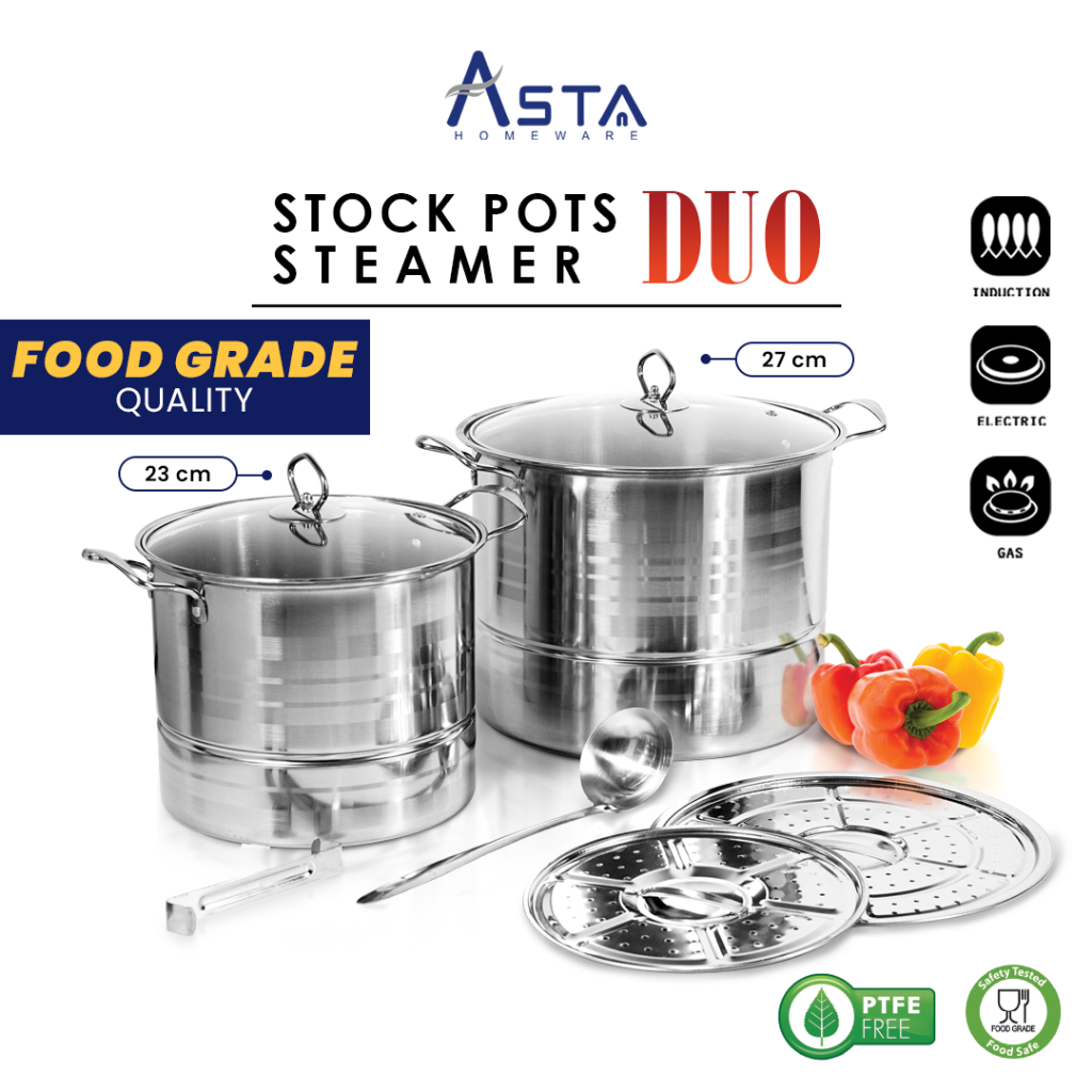 Asta Dandang Kukus Panci Kukusan Stainless Stock Pot Steamer Tutup Kaca Tebal Set 2 pcs