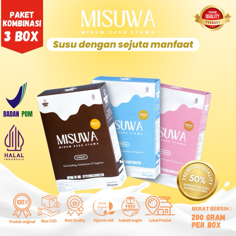 

PAKET 3 BOX KOMBINASI Susu MISUWA - Susu Kambing Etawa rasa Strobery, Coklat dan Original, Susu Bubuk Susu Kesehatan Tulang Susu Sendi dan Otot