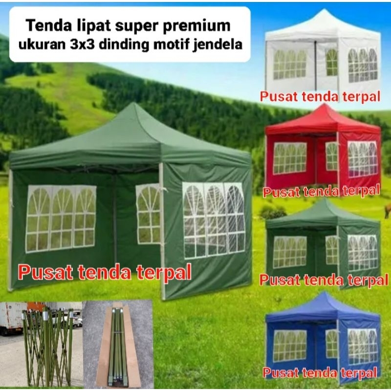Tenda lipat super premium ukuran 3x3 dinding motif jendela