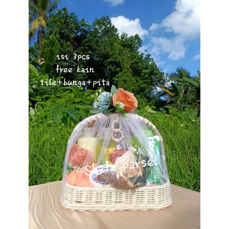 Keranjang rotan ayunan kotak set 3pcs free kain tile+bunga+pita paket lengkap baki lamaran/keranjang