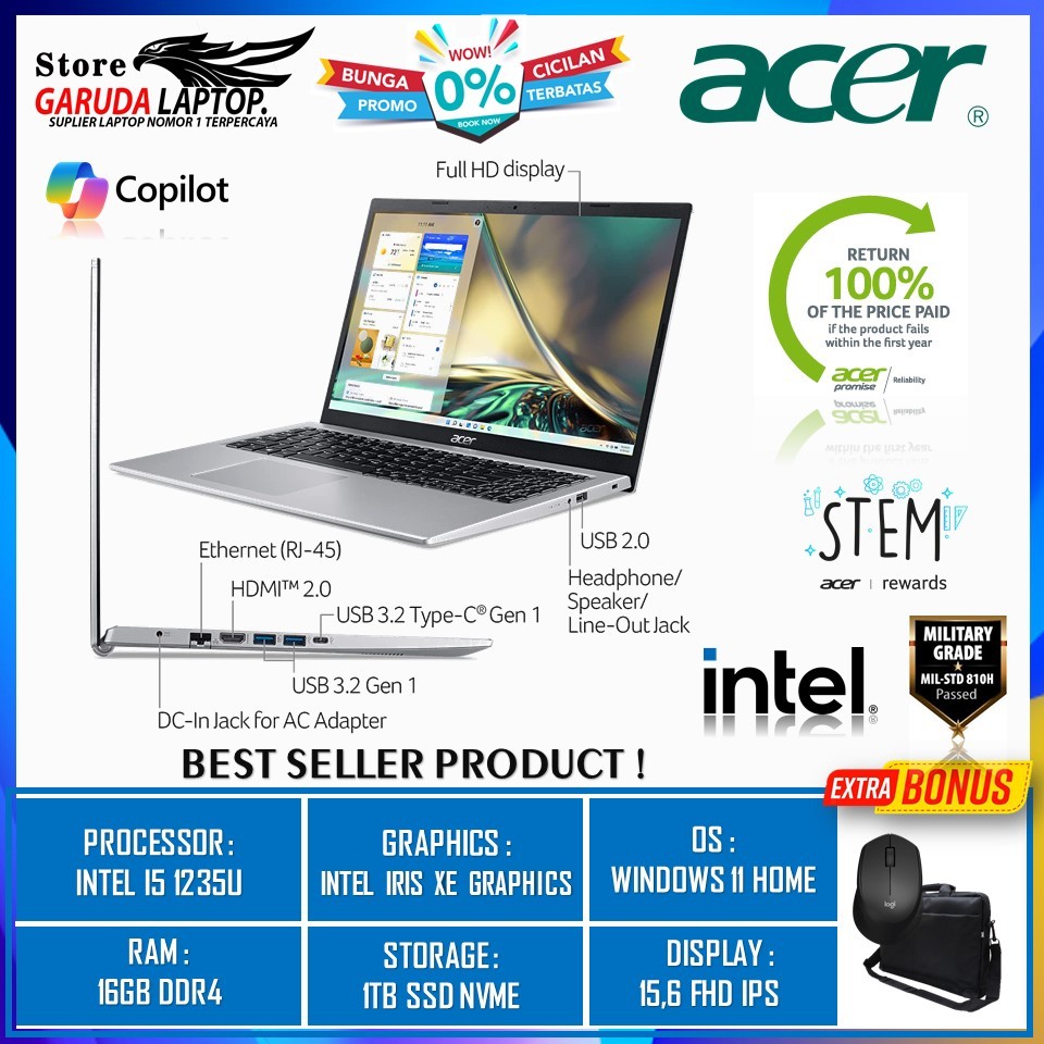 Laptop Acer Baru Murah Aspire 3 Slim A315 Intel Core i5 1135G7 16GB 1TB SSD 15 FHD IPS SILVER Origin