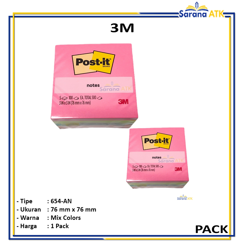 

3M - Post It Sticky Notes 654-5AN Memo Mix Warna - PACK