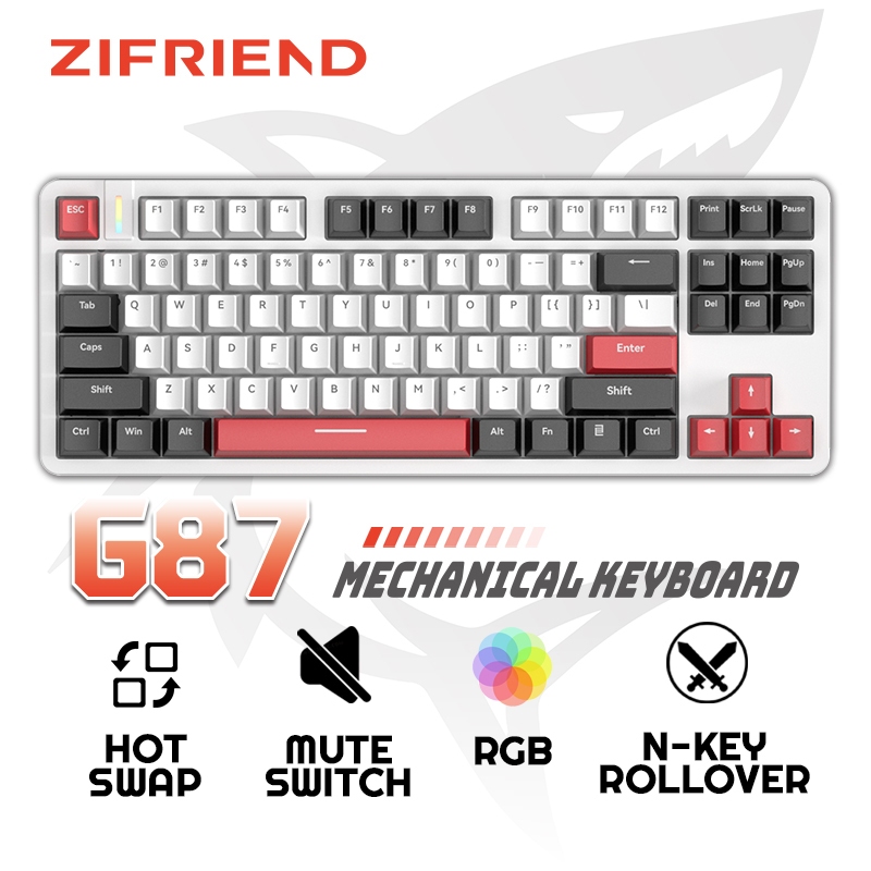 ZIFRIEND G87 Mechanical Keyboard 87 Keys TKL Wired Gaming Keyboard LED White Backlit Hot Swappable PBT Keycaps