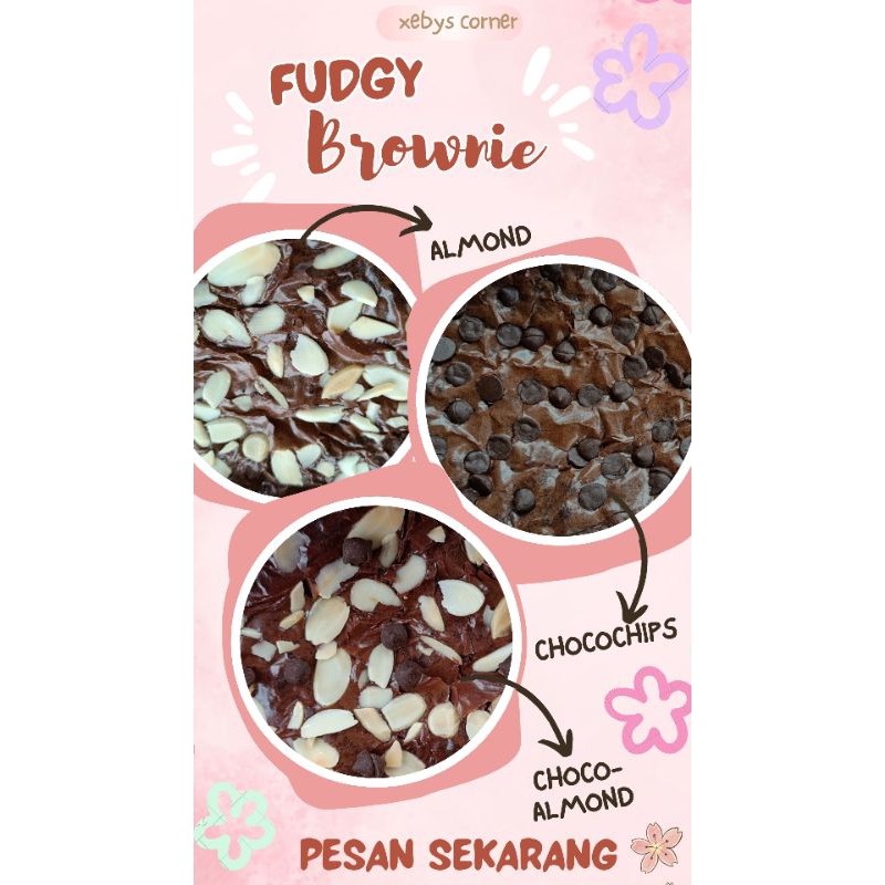 

fudgy brownie ukuran 20x10 dengan toping pilihan almond, chocochip dan mix