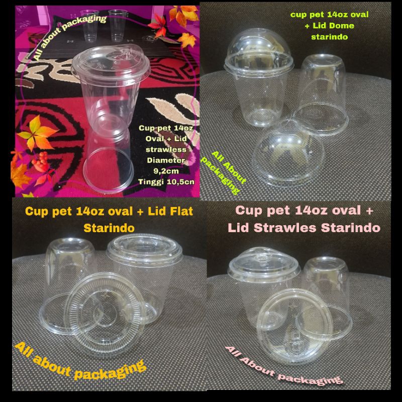 cup pet 14oz OVAL + TUTUP STRAWLESS STARINDO / MINIMAL ORDER  50PCS DAN KELIPATAN/ Gelas plastilk. p