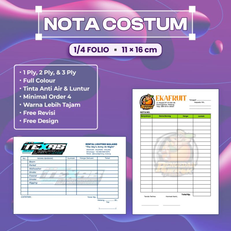 

Nota Custom 1/4 Folio 2 Ply Free Desain Kwitansi Surat Jalan Juga Bisa