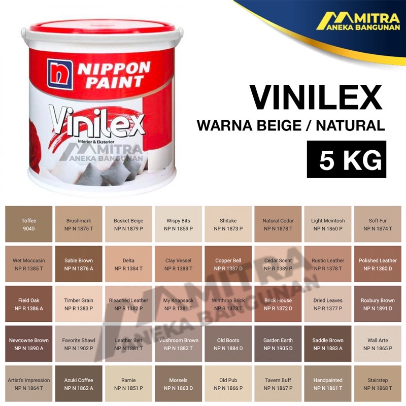 CAT TEMBOK NIPPON PAINT VINILEX 5 KG  EKSTERIOR INTERIOR  WARNA NATURAL CREME BEE COKLAT BROWN NUDE 