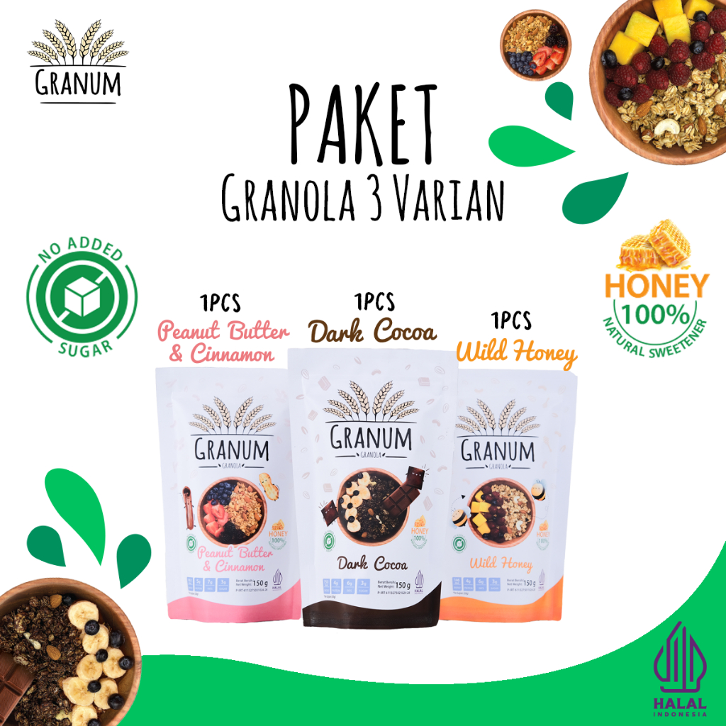 

Granum Granola - Paket 3 Varian 150gr (1 Wild Honey - 1 Dark Cocoa - 1 Peanut Butter & Cinnamon) 100% Honey (No Added Sugar)