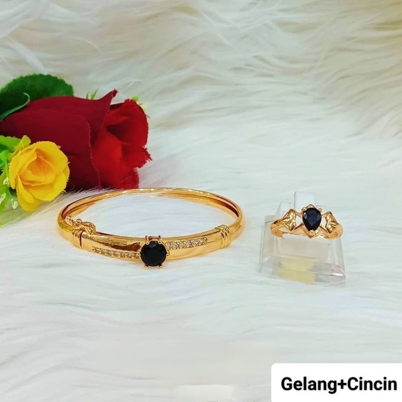 Gelang set cincin batu hitam perhiasan lapis emas wanita dewasa GT29094
